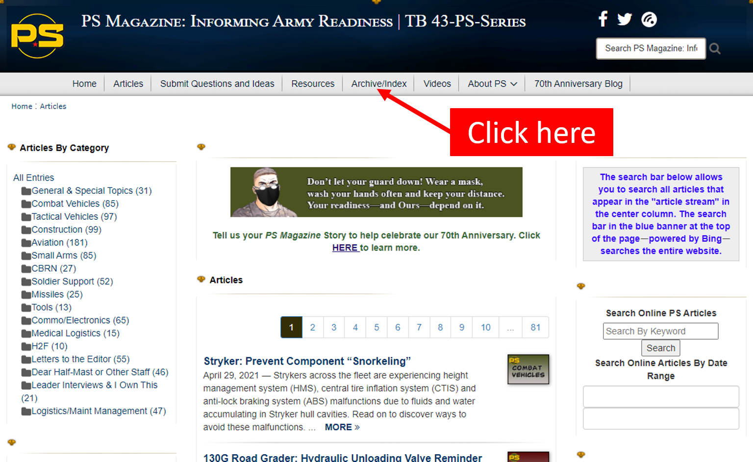 Click on Archive/Index tab in navigation bar